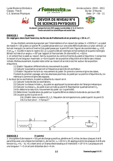 Devoir 5 Physique-Chimie niveau Terminale D lycée moderne Dimbokro