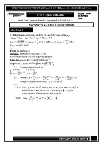 FICHE DE TRAVAUX DIRIGES PC Tle D MOUVEMENTS DANS LES CHAMPS E (CORRRIGE) BY TEHUA