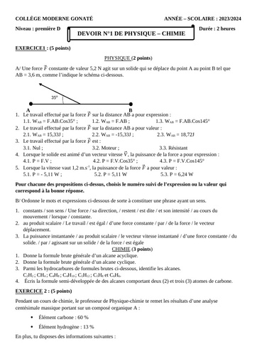 DEVOIR 1 PC 1ière D 2023 2024 by Tehua