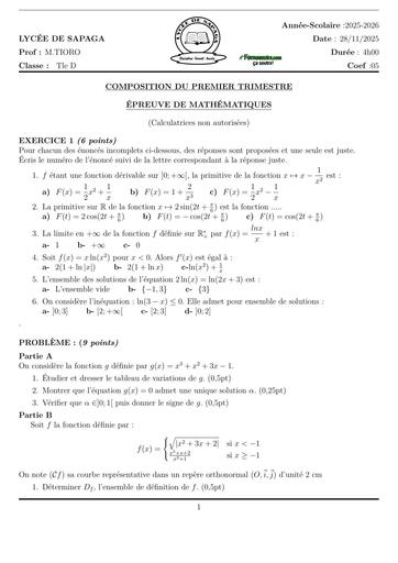 SUJET DE MATHS Tle D TRIMESTRE 1 2025 LYCEE DE SAPAGA BY TEHUA