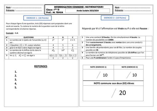 Interrogation commune MATHS1ière D 19 février 2024 By Tehua