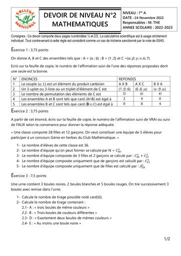 DEVOIR DE NIVEAU 2 DENOMBREMENT de 1ere A by DJAHA