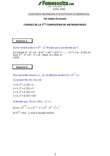 Corrigé 2ème épreuve de maths ISE option économie 2006 (ENSEA - ISSEA)