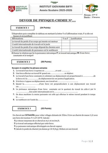 DEVOIR DE PHYSQUE CHIMIE  N°1 2nde C (PUISSANCE ET TRAVAIL) INSTITUT GIOVANNI BIFFI Octobre 2025 by TEHUA