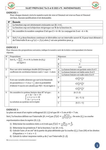 MATHEMATIQUES SUJET PREPA BAC n°5 Tle D et B 2023 DJAHASHIKAN