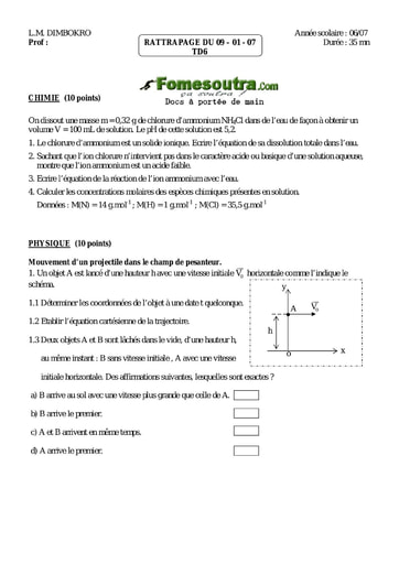 Devoir 21 Physique-Chimie niveau Terminale D lycée Moderne Dimbokro