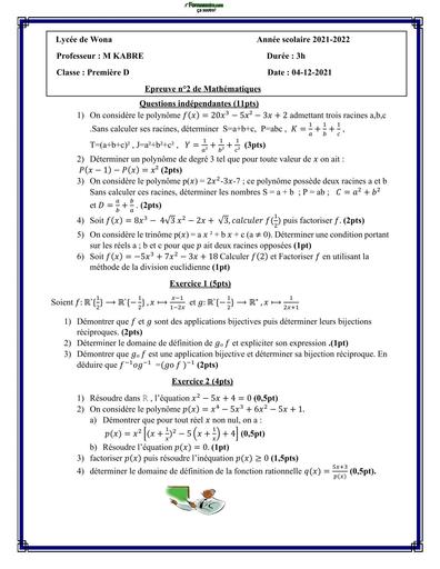 DEVOIR DE MATHS 1ière D N°2 LYCEE DE WONA 2022 BY TEHUA