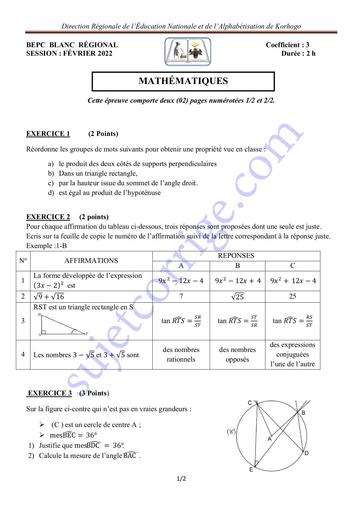 SUJET BEPC BLANC 2022 MATHEMATIQUES REGIONAL DE KORHOGO COTE D'IVOIRE by TEHUA.pdf