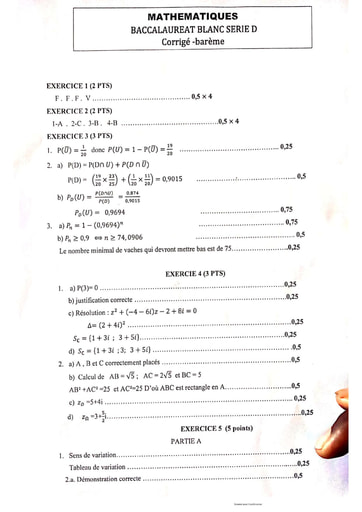 Corrigé et barème MATHS TleD bac blanc ABIDJAN 1 2022