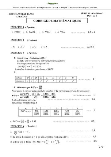 BAC BLANC REGIONAL 2025 DREN ABIDJAN 4 MATHS SERIE A1 BAREME by TEHUA