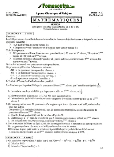 Sujet de Maths bac blanc 2012 série D Lycée Classique d'Abidjan