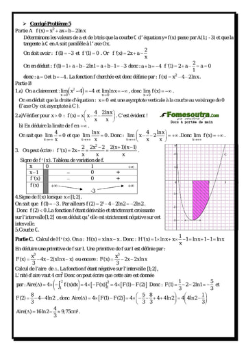 Corrigé Problème (5) Etude d'une Fonction Logarithme Népérienne - Maths Terminale D