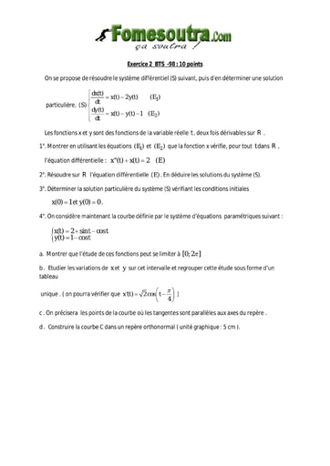 Sujet de Maths BTS blanc BTS GO 1998