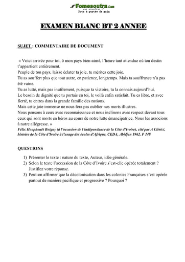 Sujet et corrigé de Connaissance du Monde Contemporain (CMC) - Examen blanc niveau 2ème année BT Tertiaire