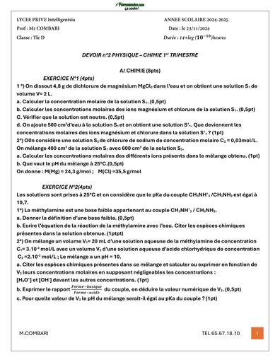 DEVOIR DE PC NIVEAU Tle D CP Intelligentsia 2025 BY TEHUA