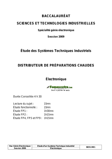 Sujet corrigé Distributeur de préparations chaudes - Étude des système techniques industriels - BAC 2009