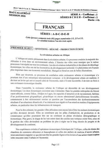 BAC 2026 FR (Résumé de Texte Arg ) série ABCD sujet+barème RCI By TEHUA