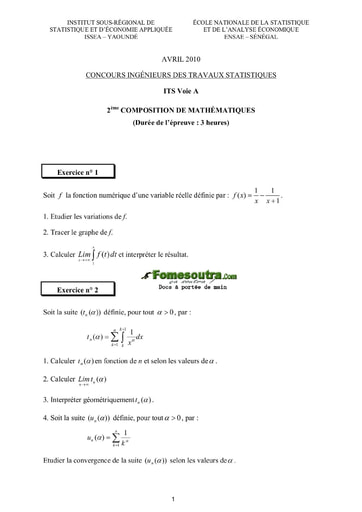 Sujet 2ème épreuve de maths ITS A 2010 (ENSAE - ISSEA)