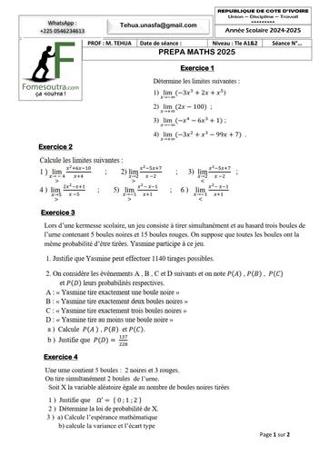 PREPA BAC 2025 SERIE A1&2 MATHS FICHE 1 du 30 AVRIL 2025 BY TEHUA