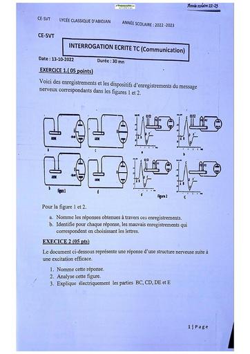 Sujet SVT Terminale C Lycée Classique Abidjan 2023