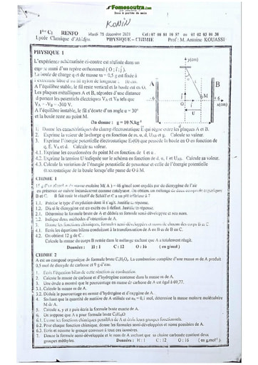 Sujet de Physique-Chimie Première C Lycée Classique Abidjan 2021-2022