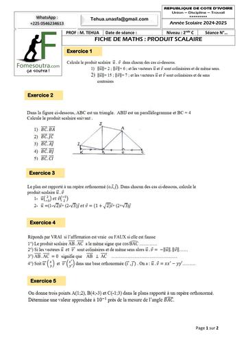 FICHE DE TRAVAUX DIRIGES DE MATHS PRODUIT SCALAIRE 2nde C 2025 by TEHUA