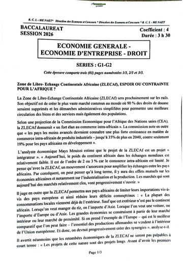 BAC 2026 Sujet économie série G1&G2 Côte d'Ivoire By TEHUA