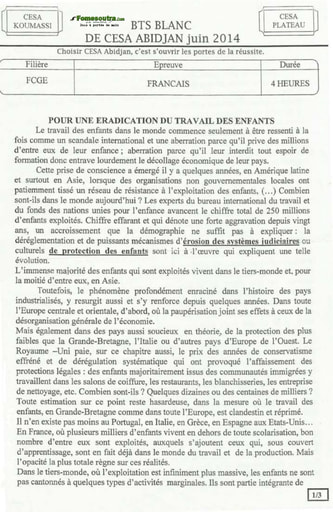Sujet de Français BTS blanc Filière FCGE - CESA Koumassi 2014