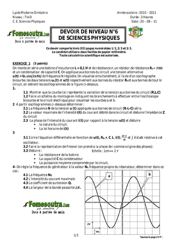 Devoir (24) Physique-Chimie niveau Terminale D lycée moderne Dimbokro