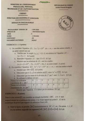SUJET BAC 2025 MATHS SERIE C Congo Brazzaville  BY TEHUA