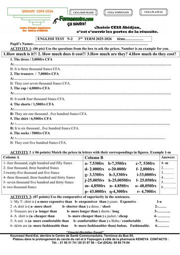 DEVOIR N°2 D'ANGLAIS 6ème T3 by TEHUA
