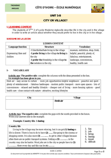 Lesson: City or Village - Anglais 3eme