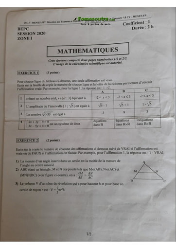 Sujet de Mathématique BEPC 2020 Zone 1