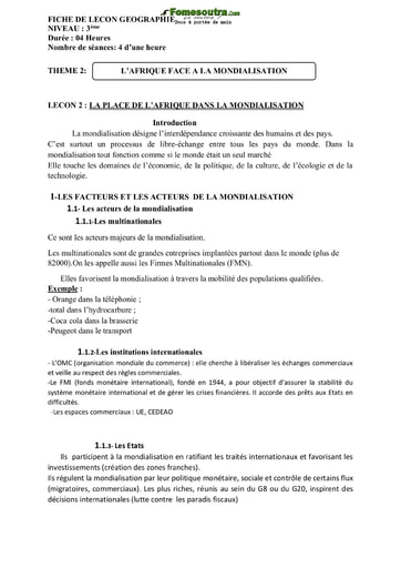 L'Afrique face à la mondialisation - Cours de Géographie niveau 3eme