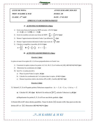 DEVOIR de maths 4ième wona N4 by TEHUA