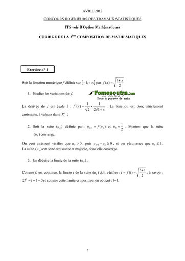 Corrigé 2ème épreuve de maths ITS B option Maths 2012 (ENSEA)