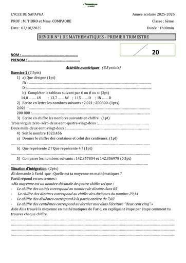 DEVOIR DE MATHS  NIVEAU 6ième LYCEE DE SAPAGA 2025 BY TEHUA