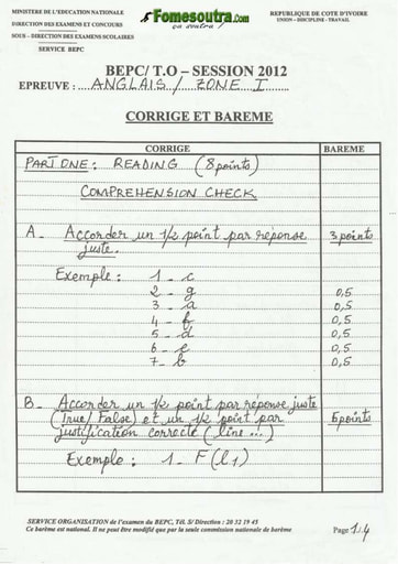 Corrigé anglais BEPC 2012 Zone 1