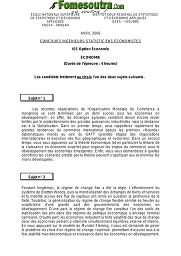 Sujet Economie ISE option économie 2006 (ENSEA - ISSEA)