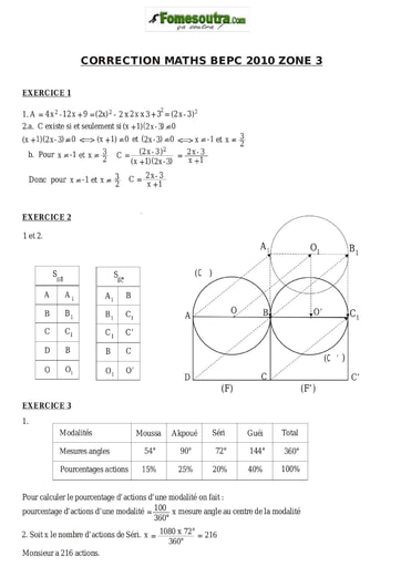 Corrigé de mathématique BEPC 2010 Zone 3