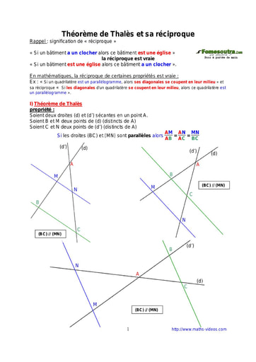 Théorème de Thalès et sa réciproque - Cours de maths 3eme