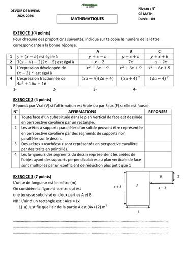 DEVOIR DE MATHS NIVEAU 4ième MERLAN Février 2026 BY TEHUA