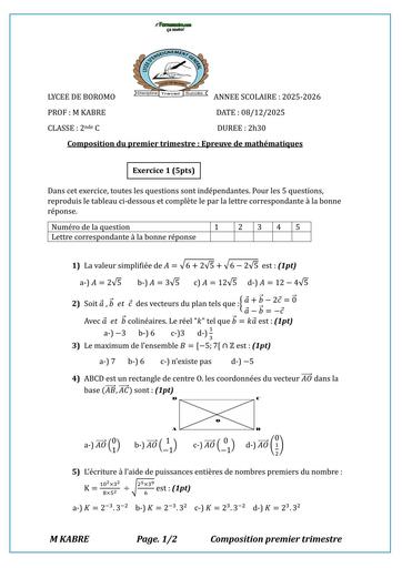 DEVOIR DE MATHS 2nde C TRILESTRE 1 LYCEE DE BOROMO 2025 BY TEHUA