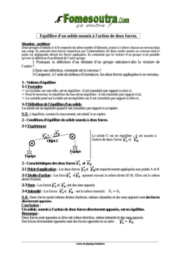 Equilibre d'un solide soumis à l'action de deux forces - Physique 3eme