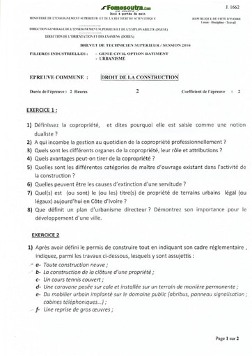 Sujet Droit de la Construction BTS 2016 Génie Civil option bâtiment