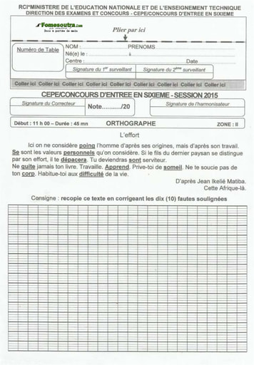 Sujet d'Orthographe CEPE 2015 zone 2