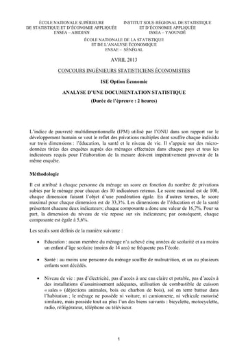 Sujet Analyse d'une documentation statistique ISE option économie 2013 (ENSEA - ISSEA - ENSAE)