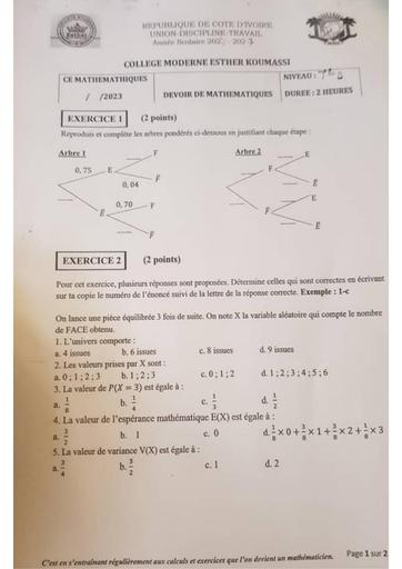 Devoir de Maths Tle D CM Esther de Koumassi by Tehua