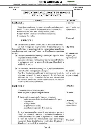 Bepc blanc régional 2025 dren Abidjan 4 EDHC CORRIGE ET BAREME BY TEHUA