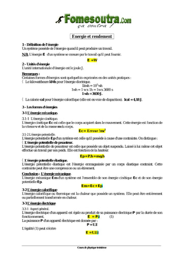 Energie et rendement - Physique 3eme